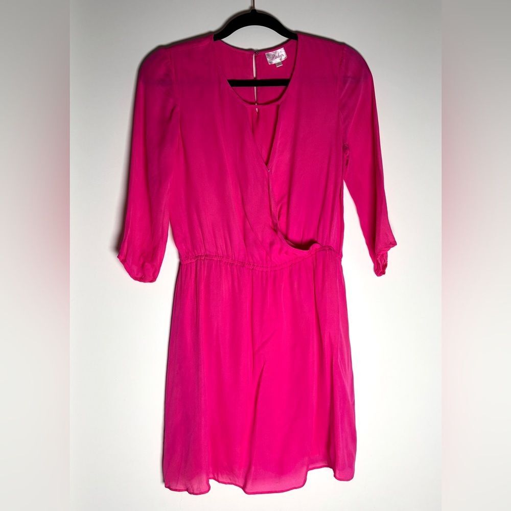 Parker 100% Silk Fuchsia Dress • Vintage Hot Pink Midi • Party / Cocktail size M